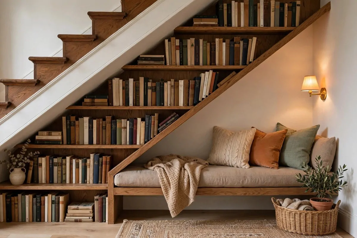 Cozy reading nook with shelves built under a staircase