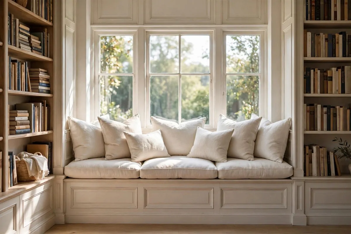 Window seat with cushions between tall bookshelves