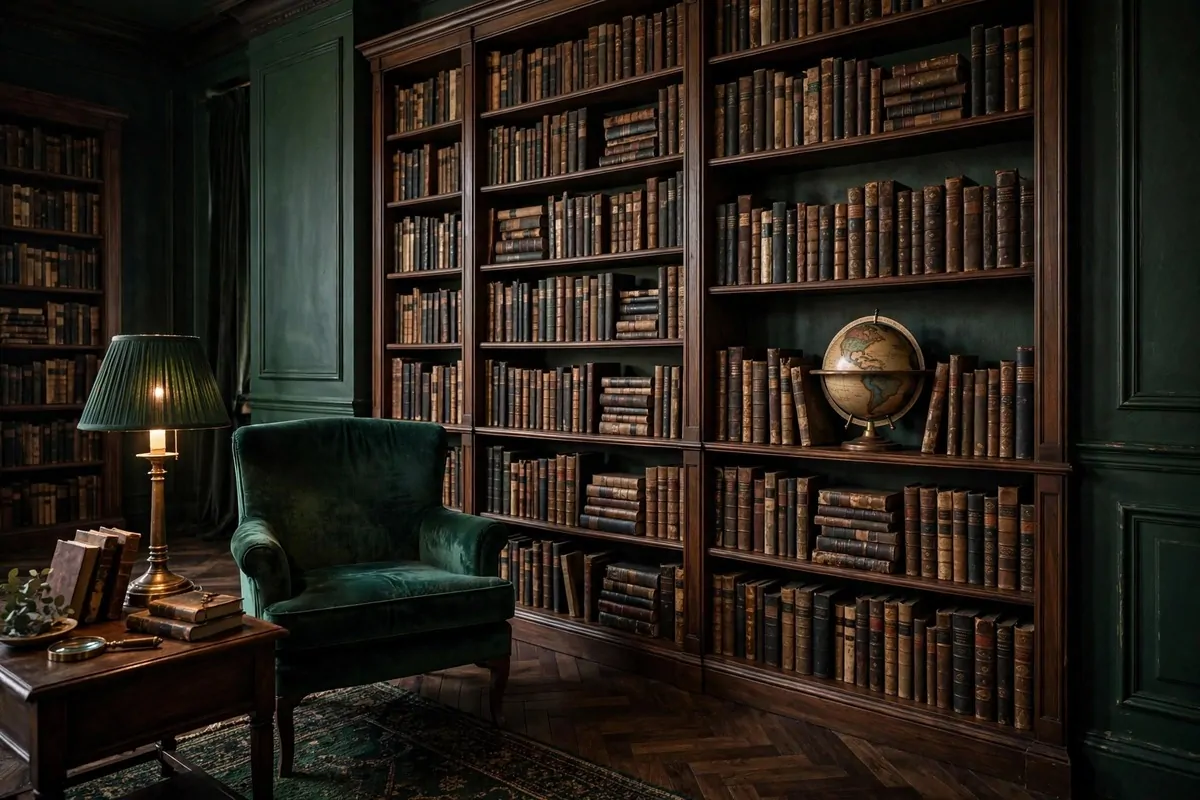 Dark green home library with walnut shelves and velvet chair