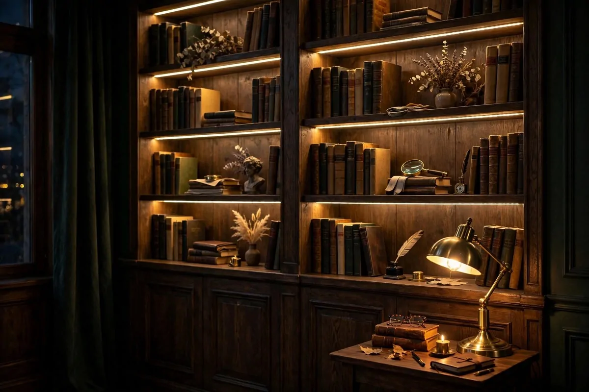 Bookshelves glowing with warm LED strip lighting