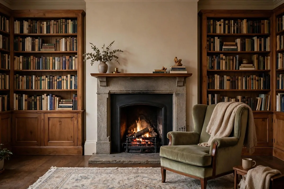 Fireplace framed by bookshelves with a reading chair