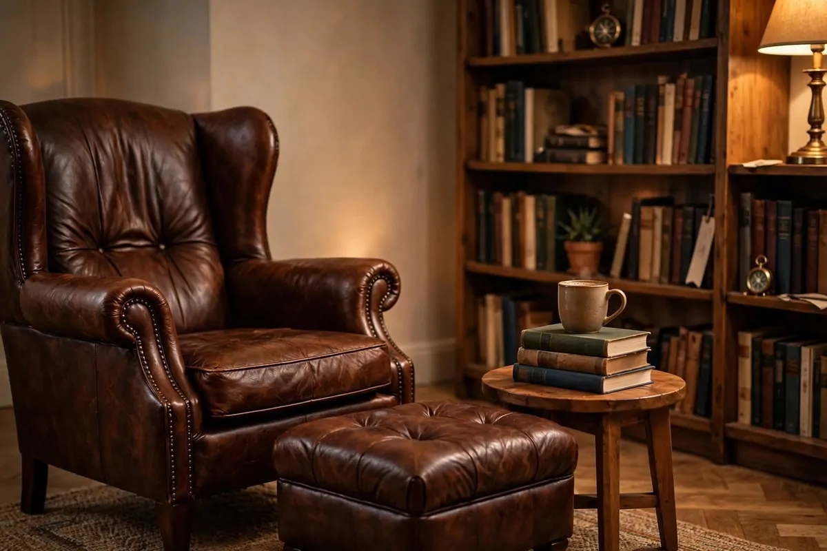 Leather wingback chair with ottoman beside a bookshelf