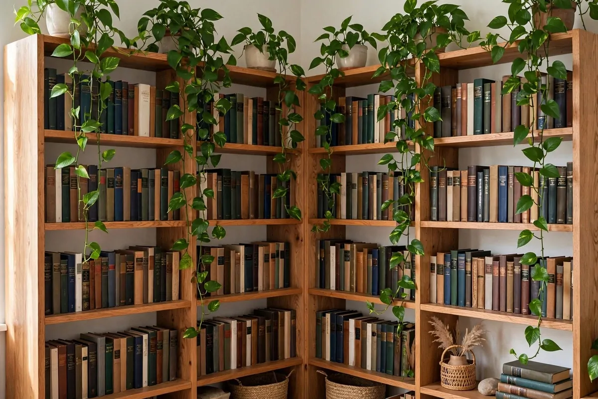 Trailing pothos plants cascading over bookshelves