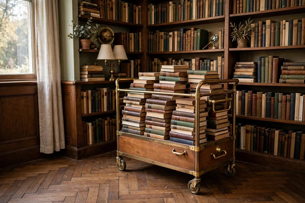Vintage brass rolling book cart full of books