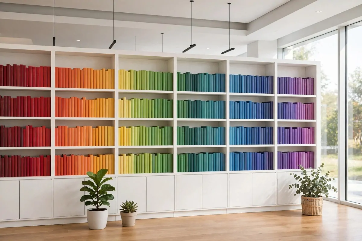 White bookshelves with books arranged in a rainbow of colors