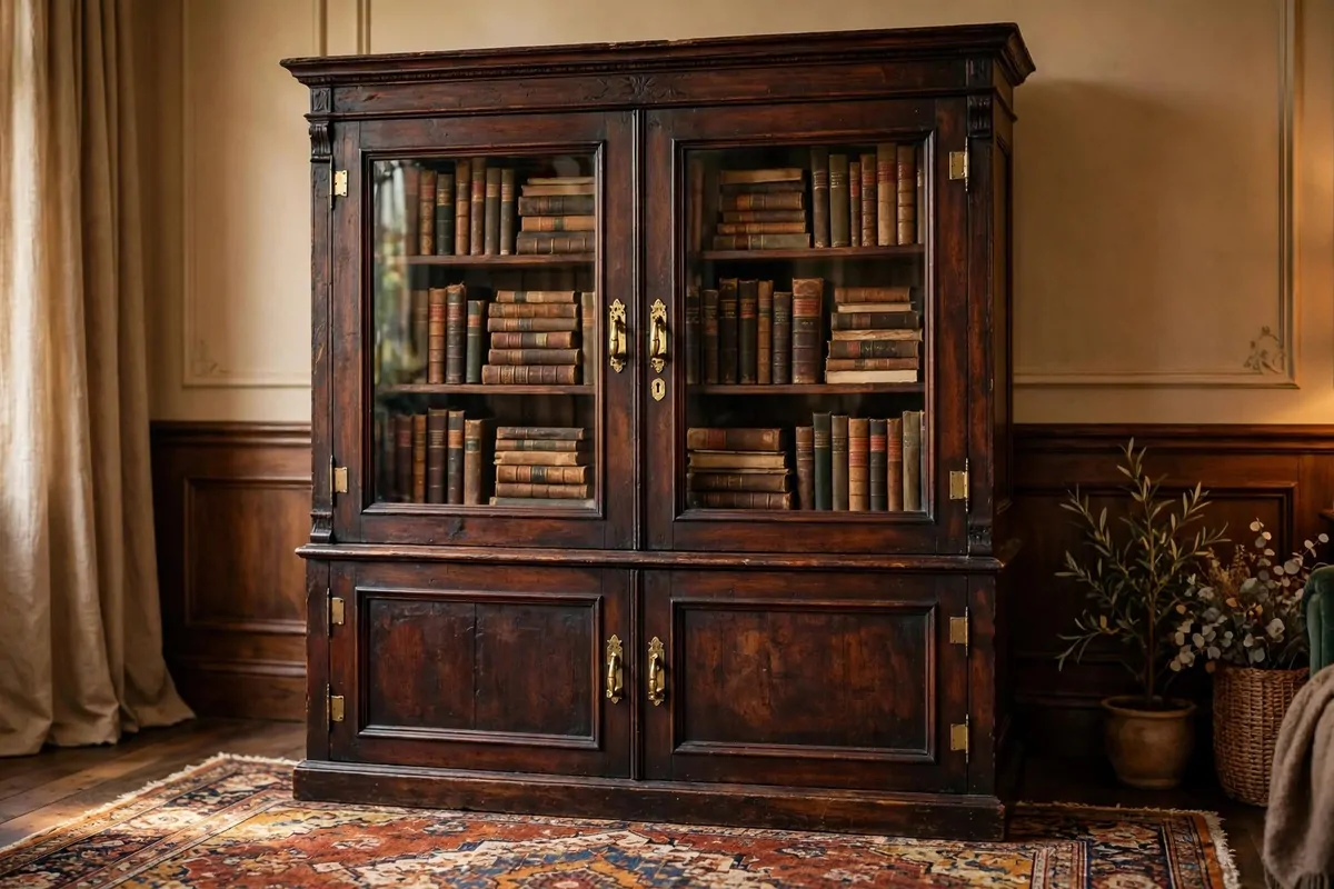 Antique glass-door bookcase displaying pretty book editions
