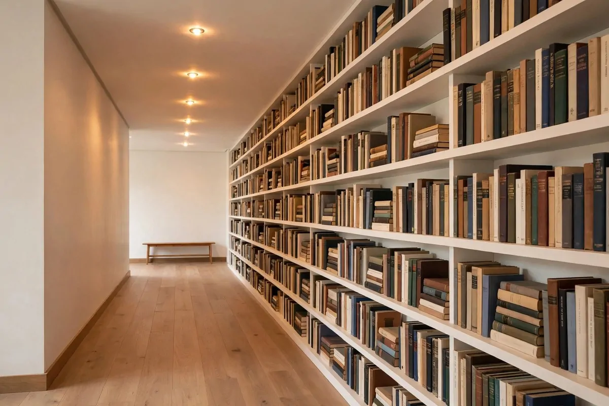 Hallway lined with shallow bookshelves and a bench