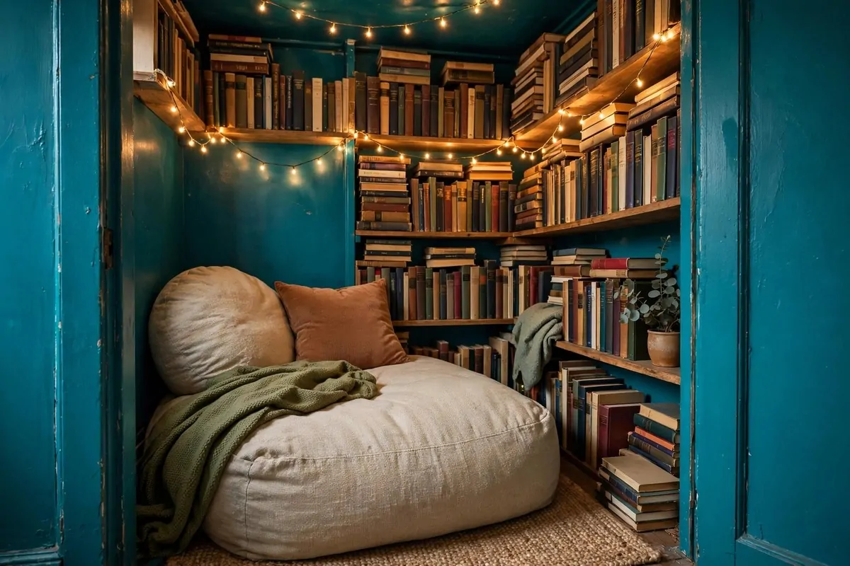 Small closet turned into a cozy secret reading nook