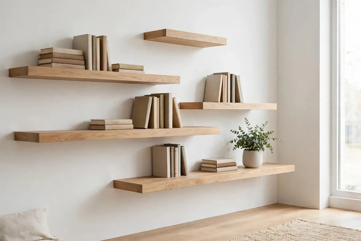 Modern staggered floating shelves with books on a white wall