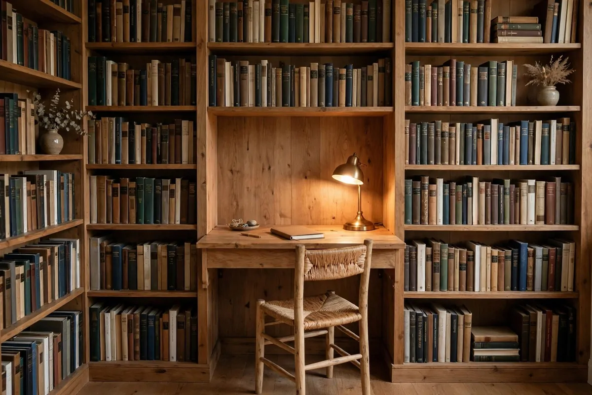 Small wooden desk built into bookshelves