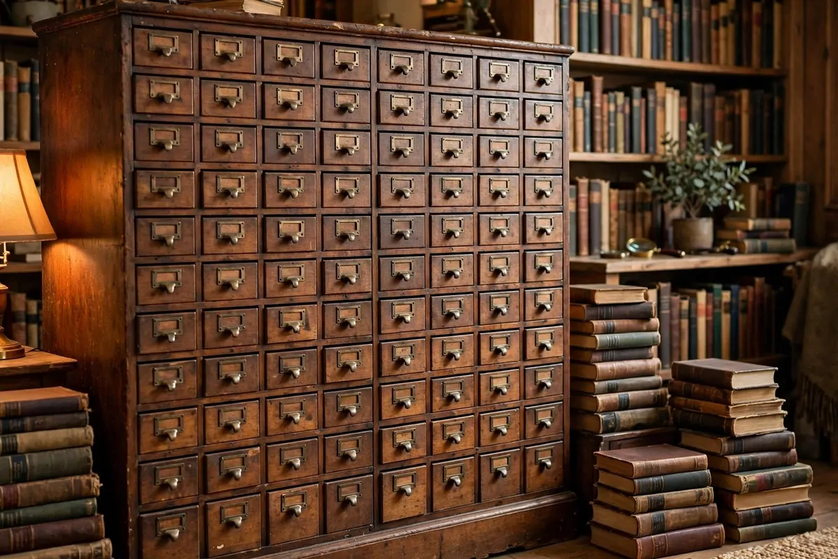 Antique wooden card catalog cabinet in a library