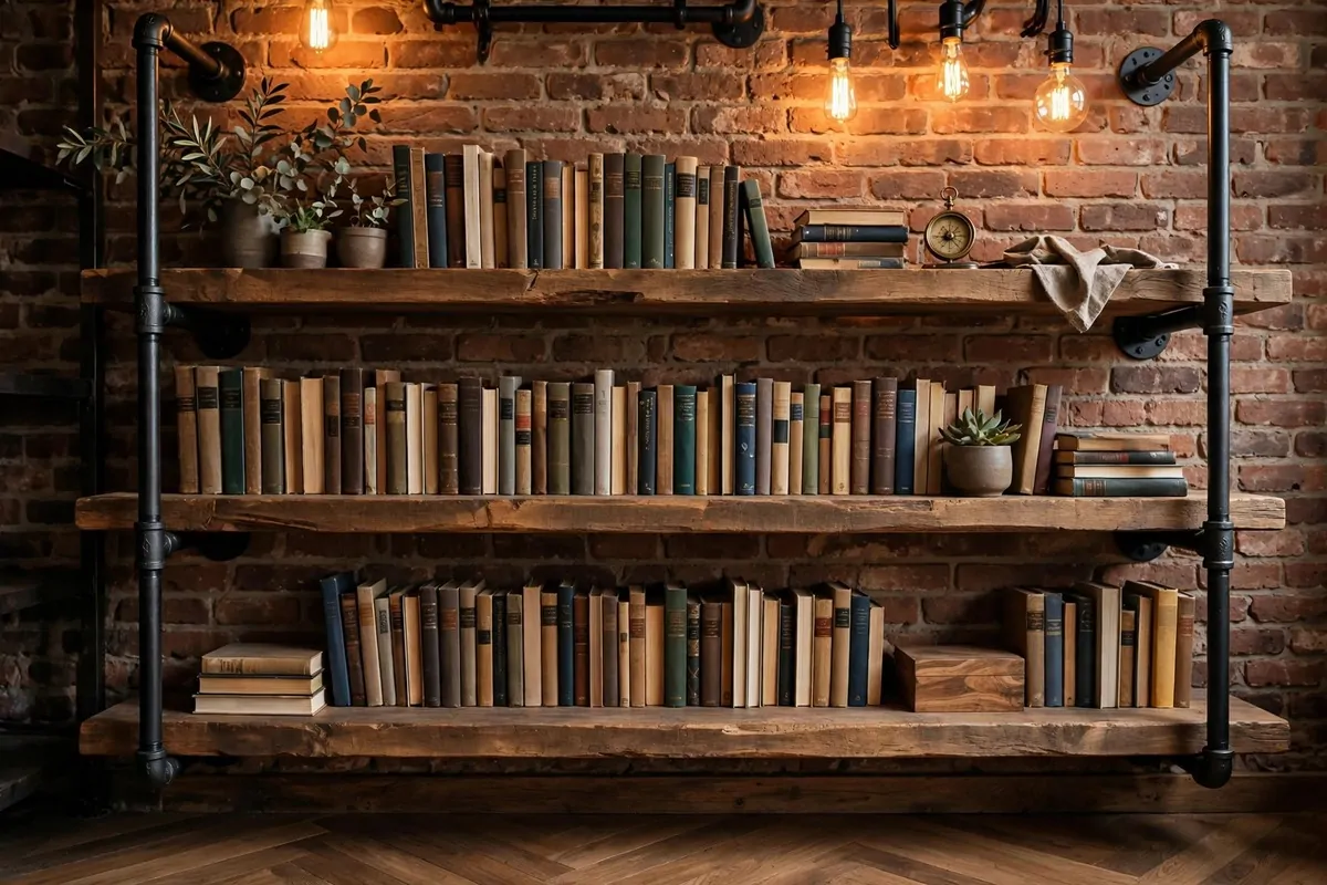 Industrial black pipe shelving with wooden planks and books