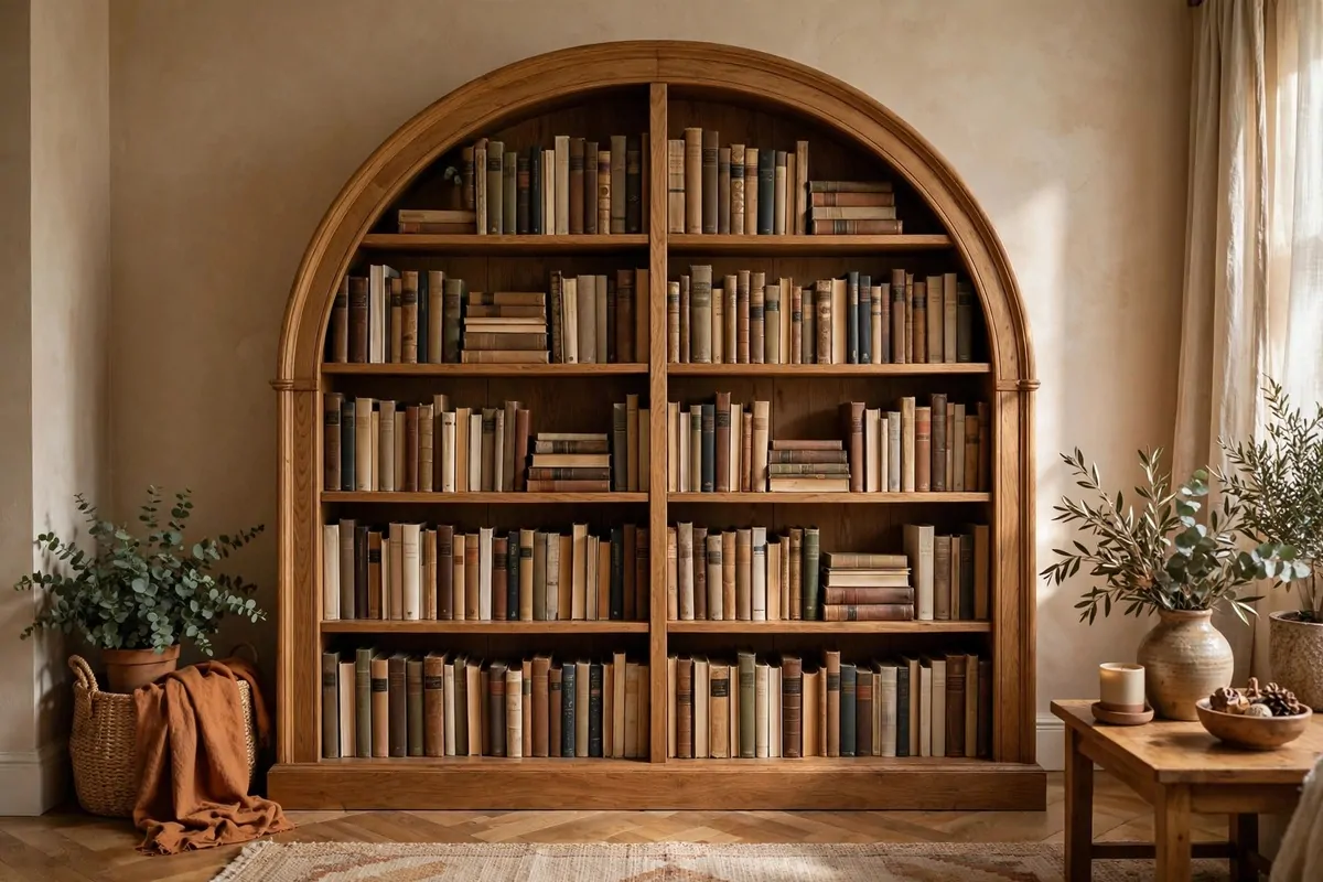 Arched wooden bookcase as a focal point in a warm room