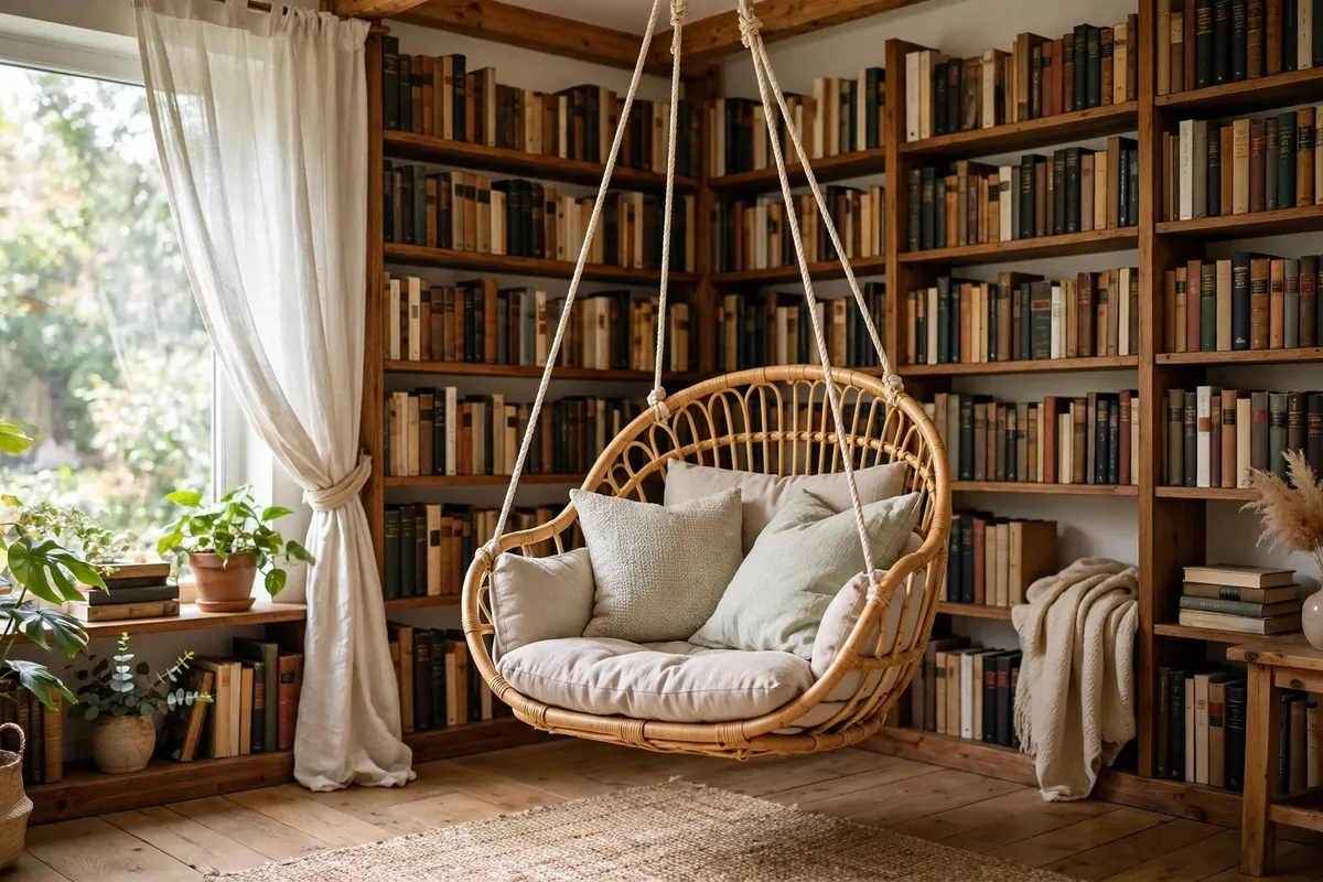 Hanging rattan hammock chair in a library corner
