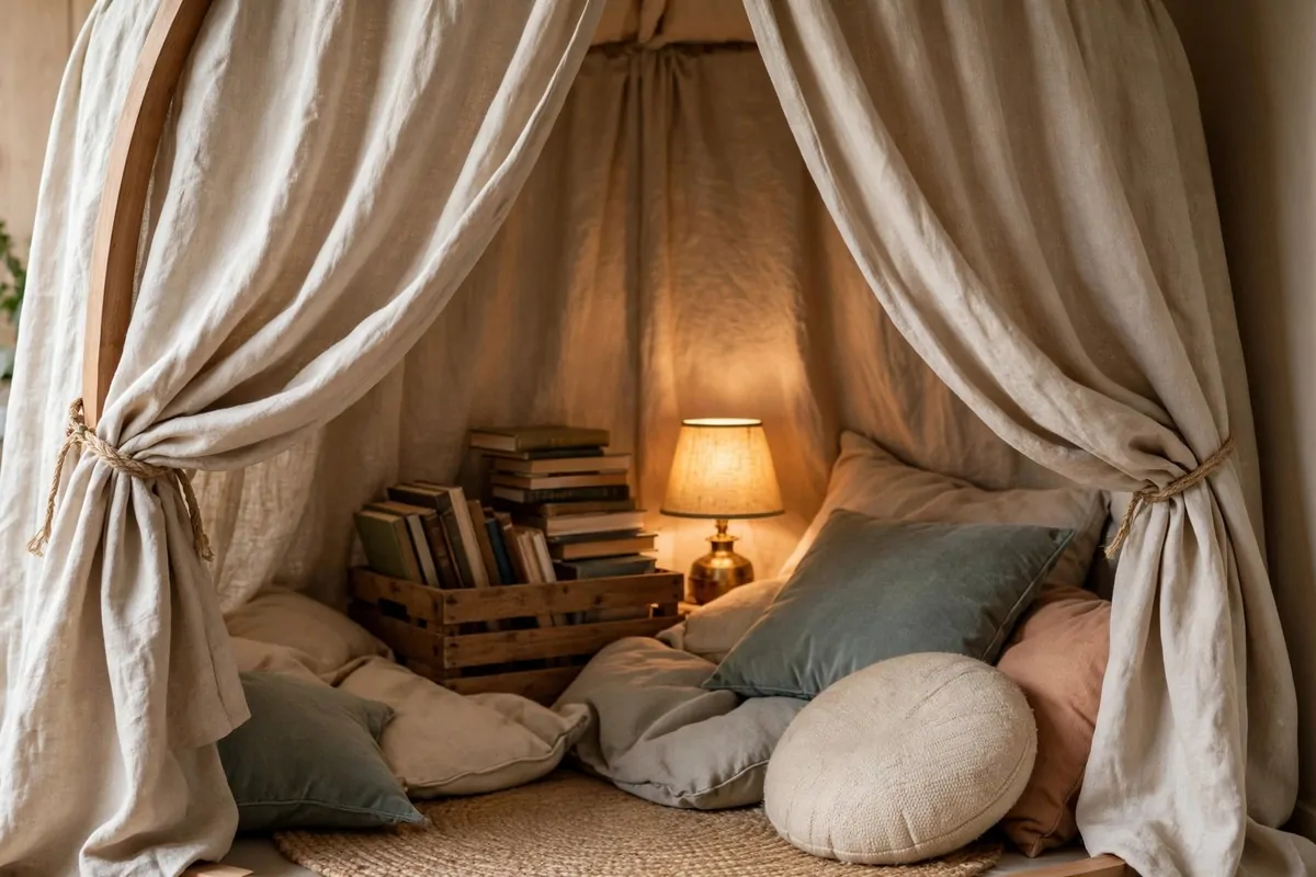 Enclosed reading pod with canopy curtains and cushions