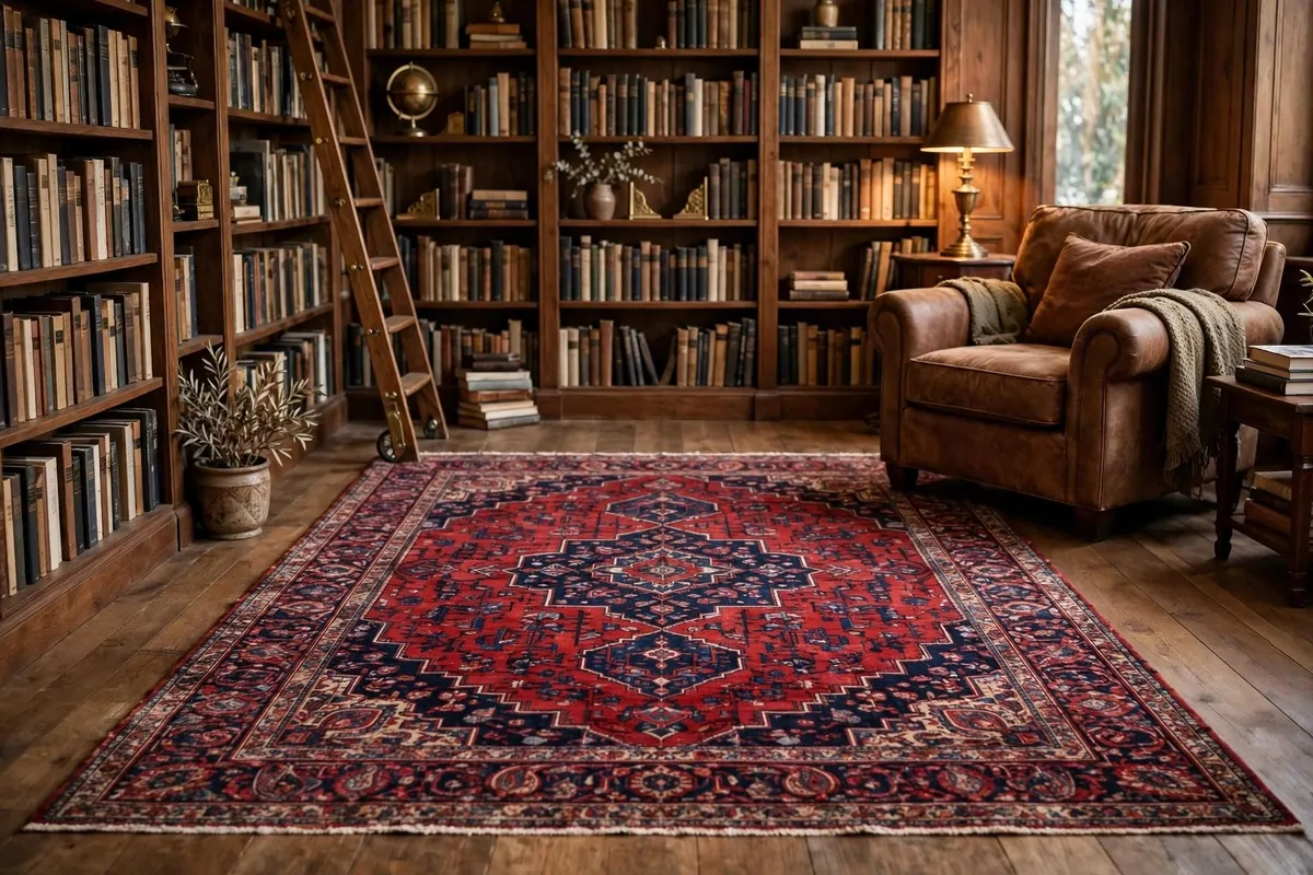 Large Persian rug under a reading chair in a library