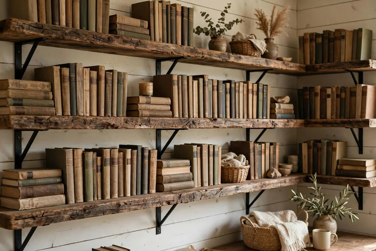 Rustic reclaimed wood shelves holding books