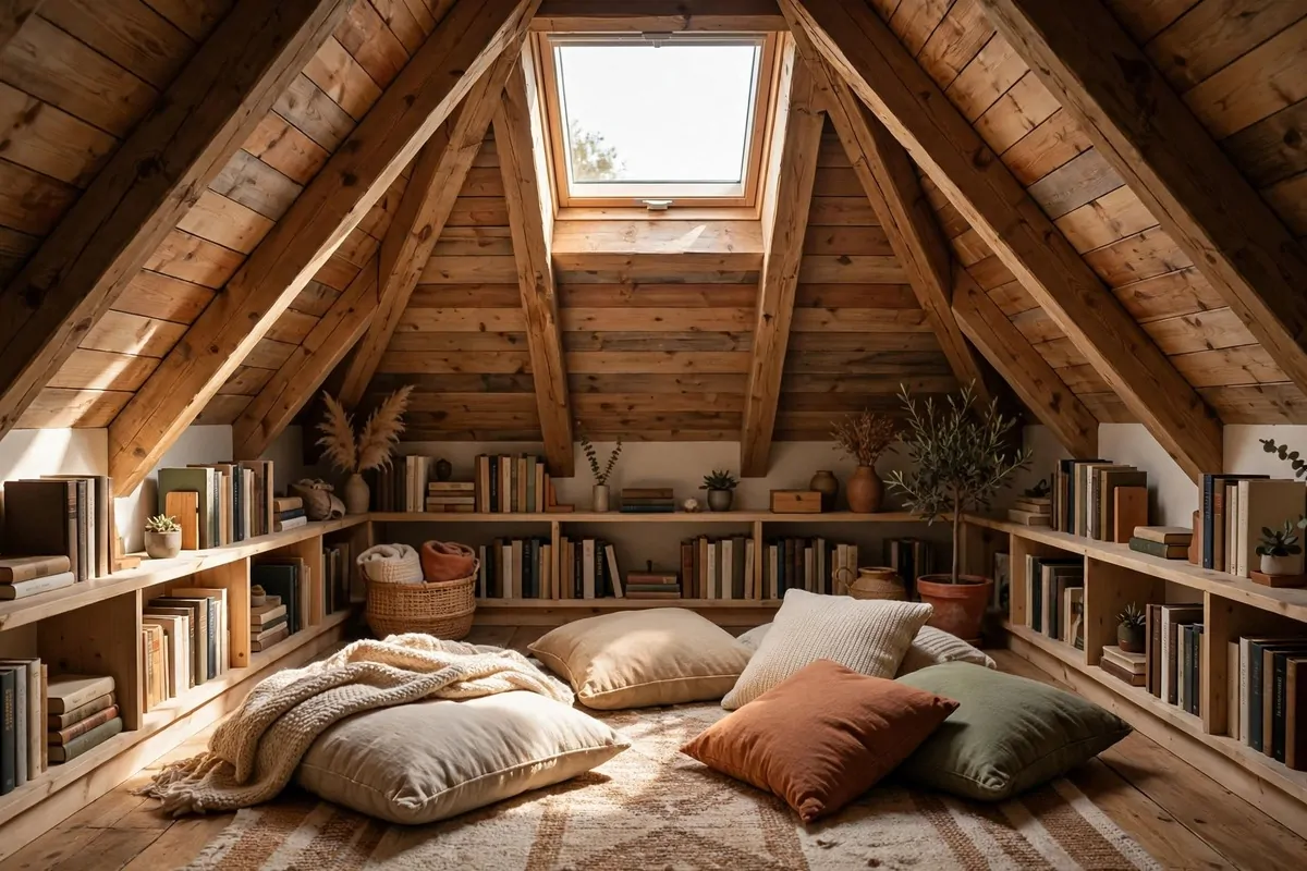 Attic loft library with low bookshelves and a skylight