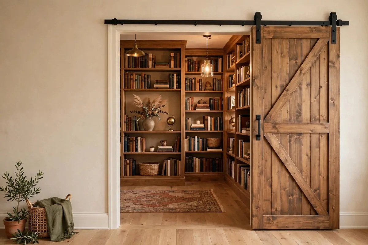 Sliding wooden barn door at a library entrance