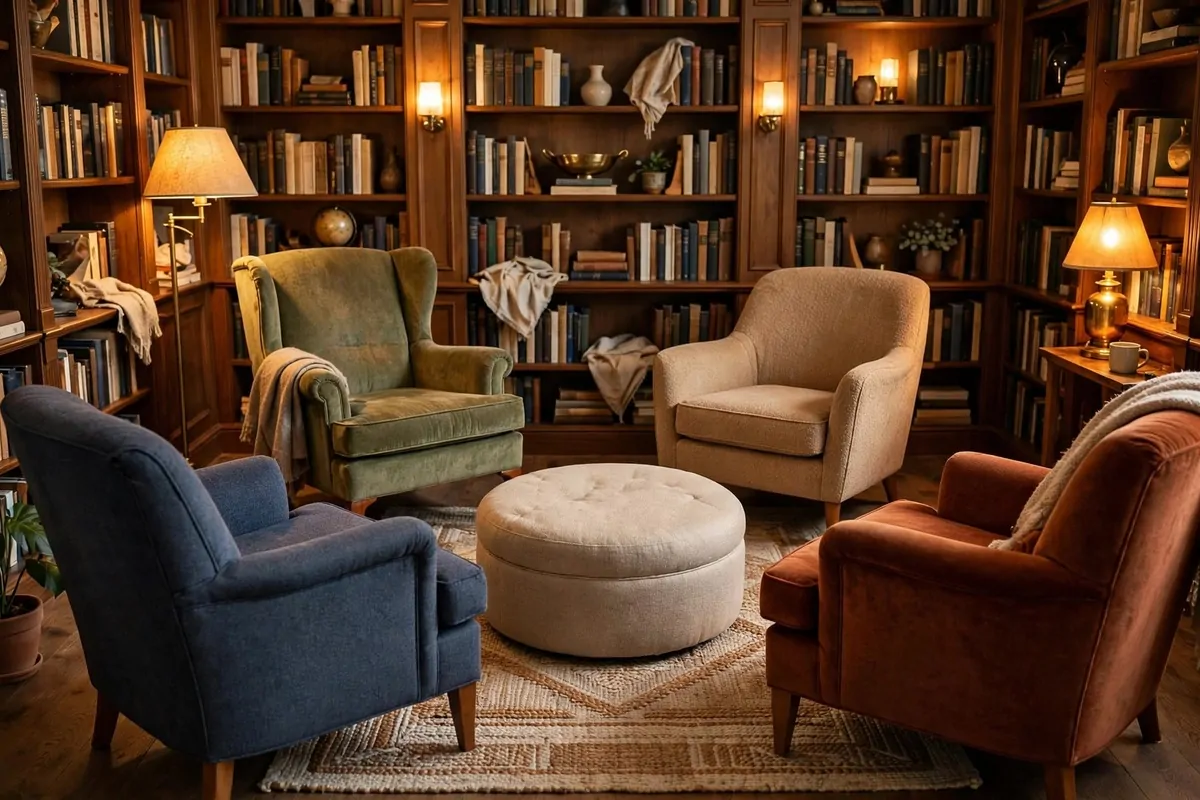 Book club corner with armchairs arranged in a circle