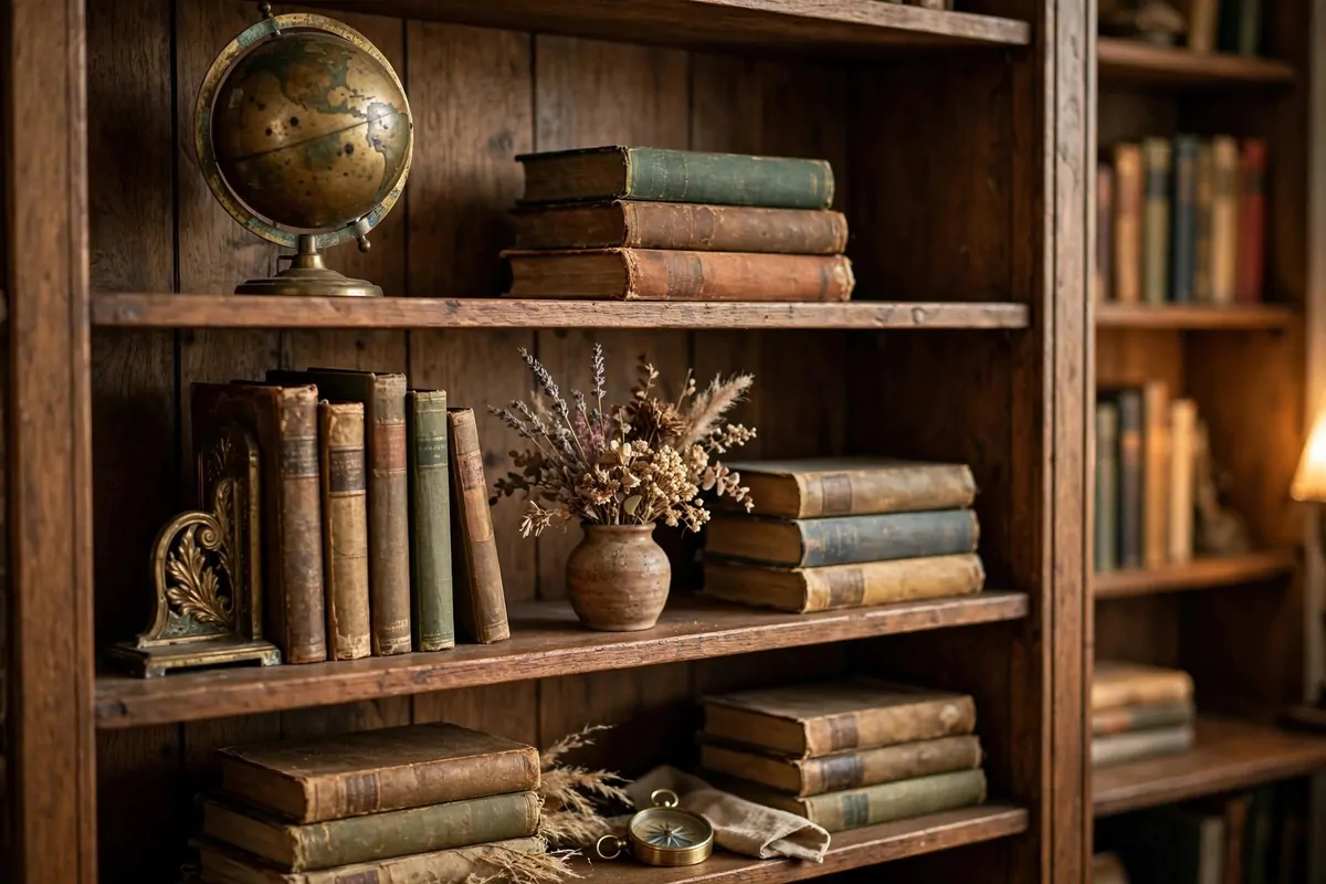 Library shelves styled with a vintage globe and brass decor