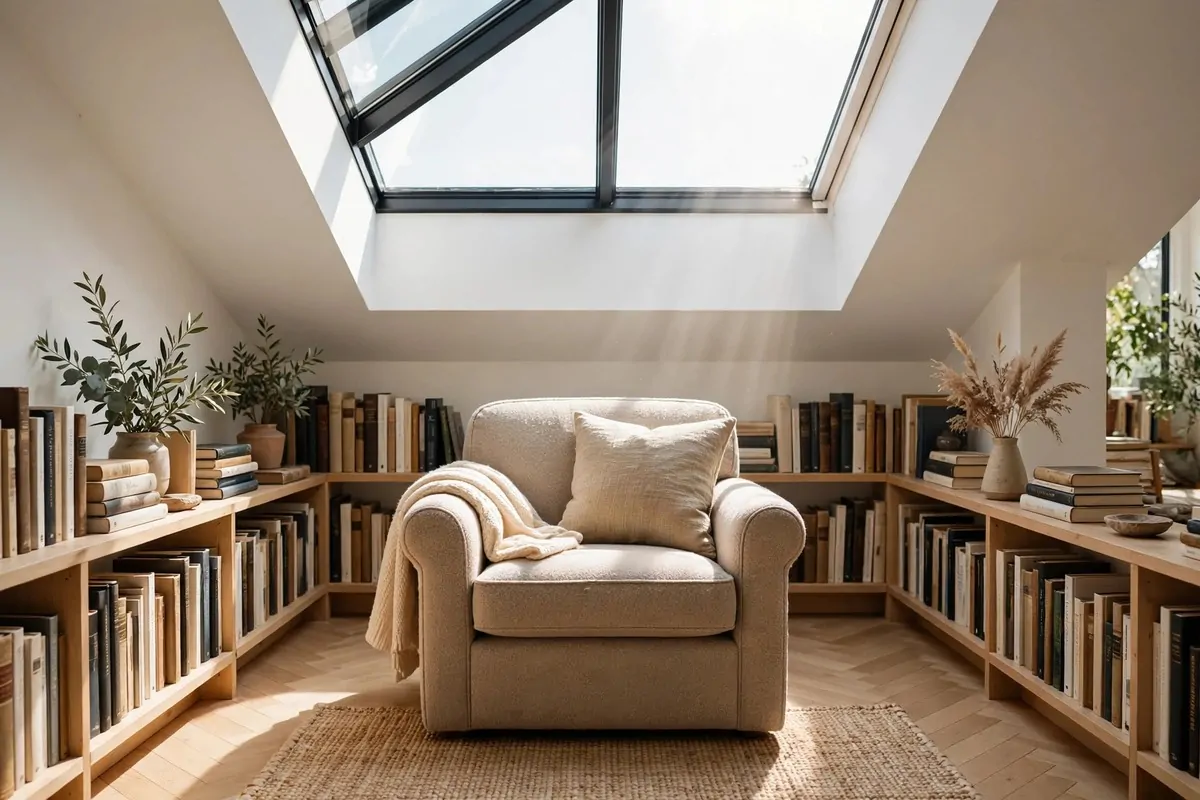 Reading chair under a skylight surrounded by bookshelves