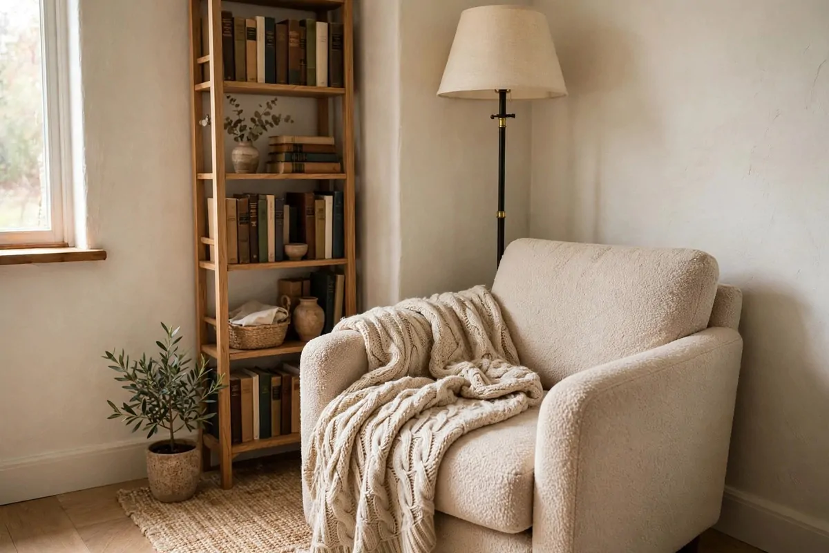 Small corner reading nook with armchair and floor lamp