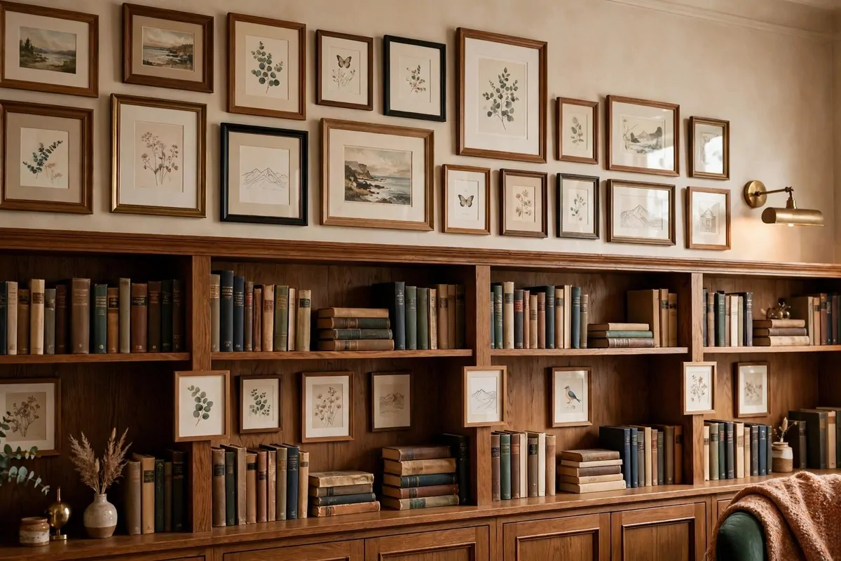 Framed art prints hung among bookshelves