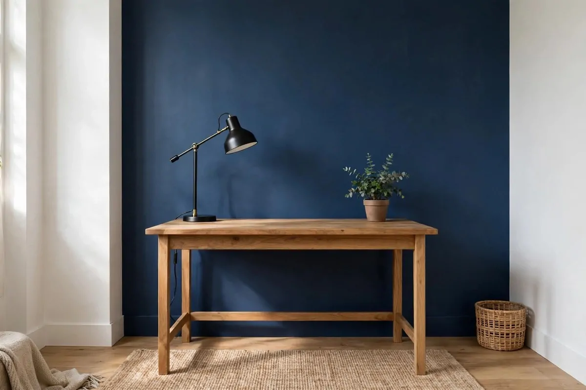 30 Office Ideas That Look Expensive but Cost Almost Nothing 1 A home office with one deep navy painted accent wall behind a wooden desk, no people