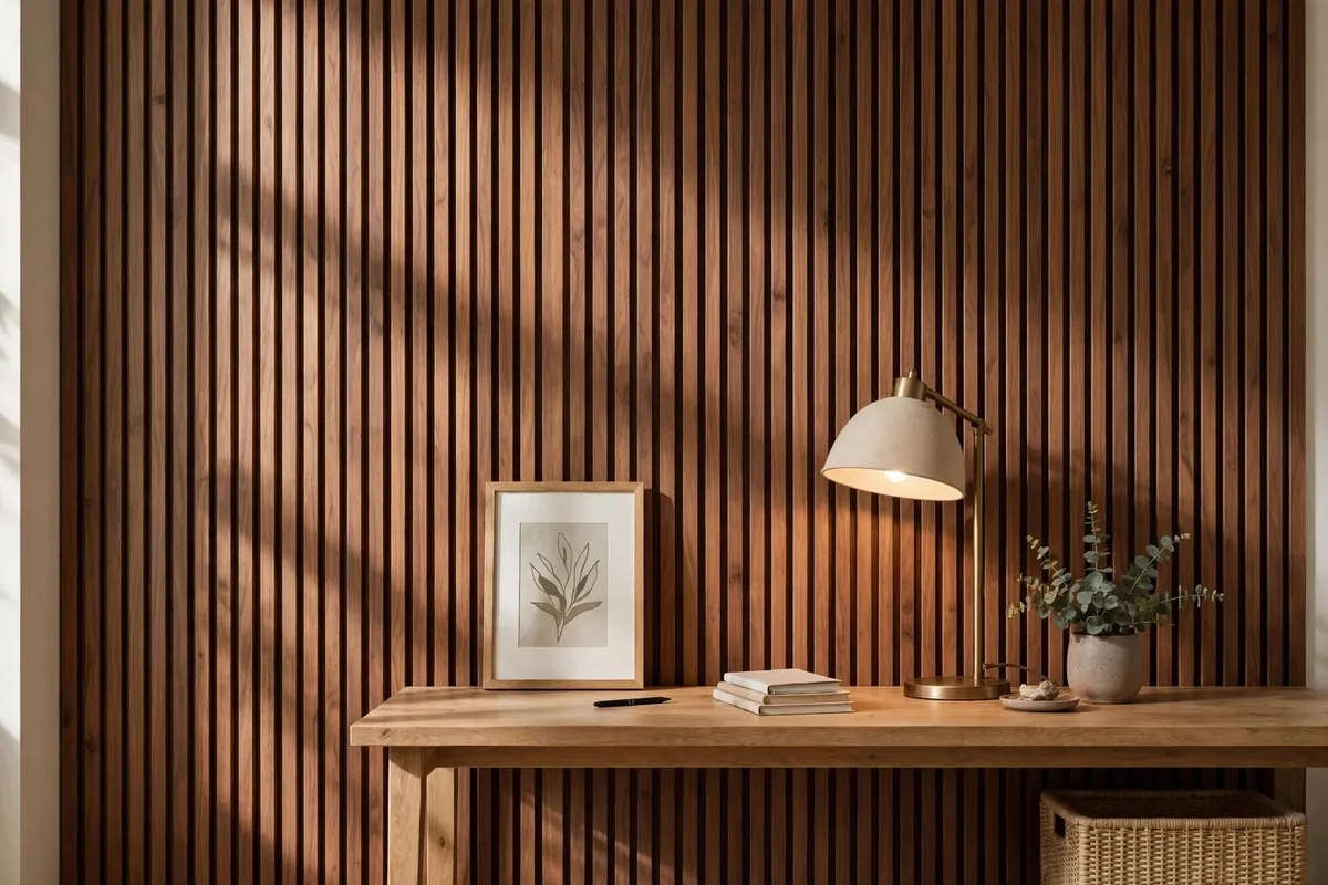 30 Office Ideas That Look Expensive but Cost Almost Nothing 2 Home office wall with vertical wooden slat panel behind a desk, no people