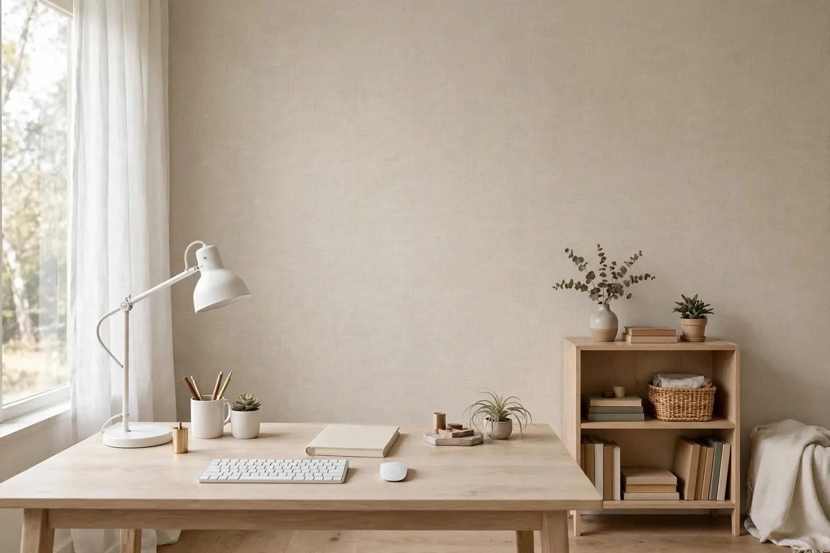 30 Office Ideas That Look Expensive but Cost Almost Nothing 3 Home office accent wall with peel-and-stick wallpaper behind a desk setup, no people