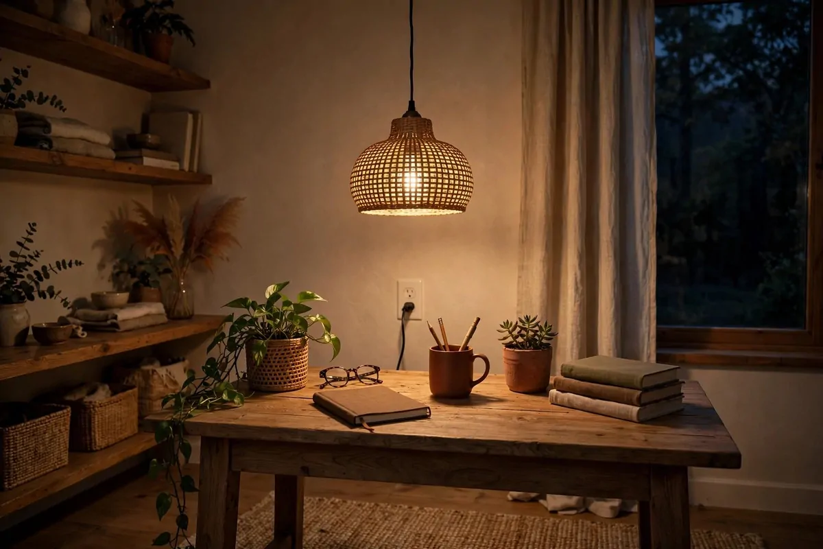 30 Office Ideas That Look Expensive but Cost Almost Nothing 4 Home office with a hanging plug-in pendant lamp over a wooden desk, no people
