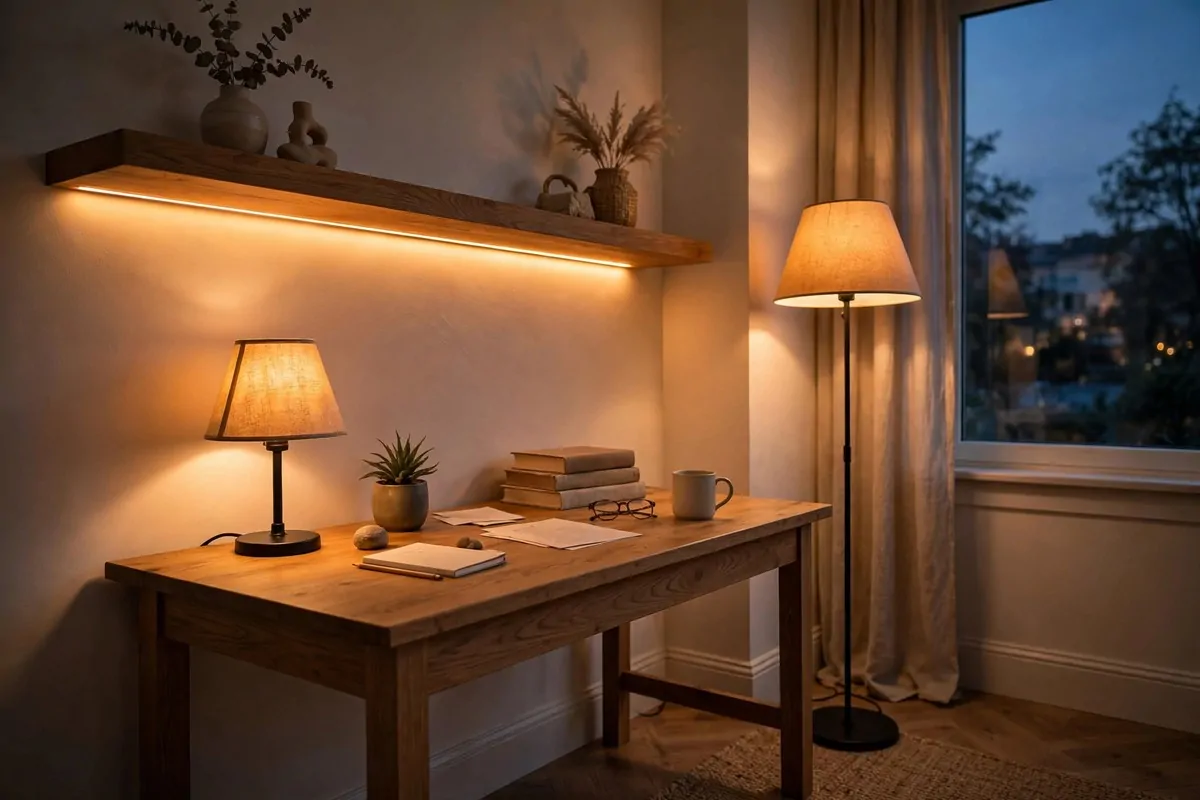 30 Office Ideas That Look Expensive but Cost Almost Nothing 5 Cozy home office corner with layered warm lighting from lamp and LED strip, no people