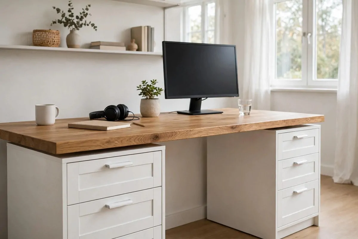 30 Office Ideas That Look Expensive but Cost Almost Nothing 6 Long wooden countertop desk resting on two white drawer units in a home office, no people