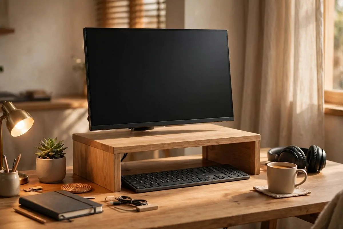 30 Office Ideas That Look Expensive but Cost Almost Nothing 7 Home office desk with a simple wooden monitor riser shelf under the screen, no people