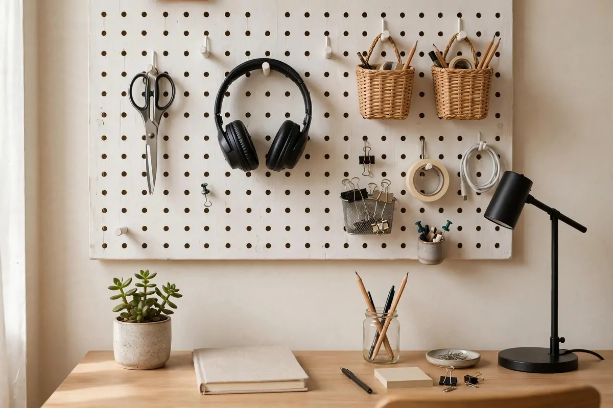 30 Office Ideas That Look Expensive but Cost Almost Nothing 8 Home office wall with a wooden pegboard organising office supplies, no people