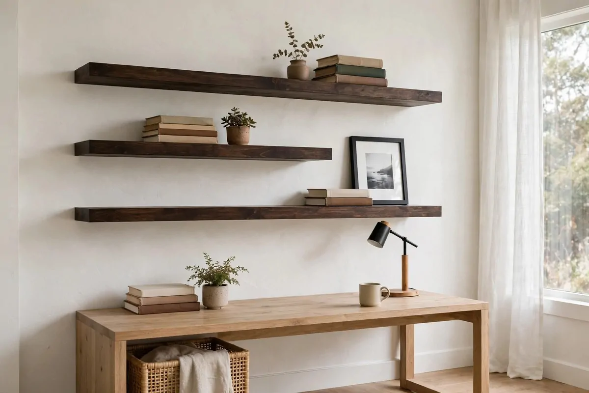 30 Office Ideas That Look Expensive but Cost Almost Nothing 9 Home office with floating shelves styled with books and small decor, no people