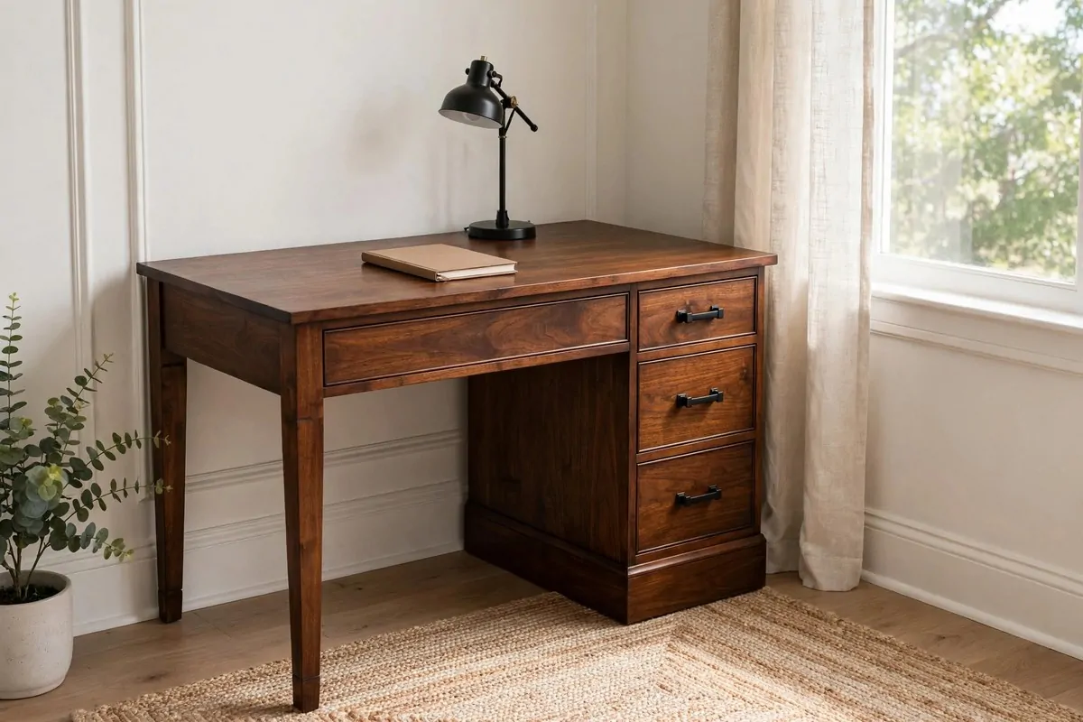 30 Office Ideas That Look Expensive but Cost Almost Nothing 10 Refinished vintage wooden desk in a bright home office corner, no people