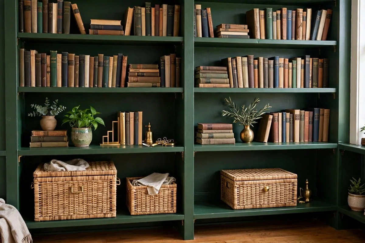 30 Office Ideas That Look Expensive but Cost Almost Nothing 11 Home office bookshelf painted deep green with styled books and plants, no people