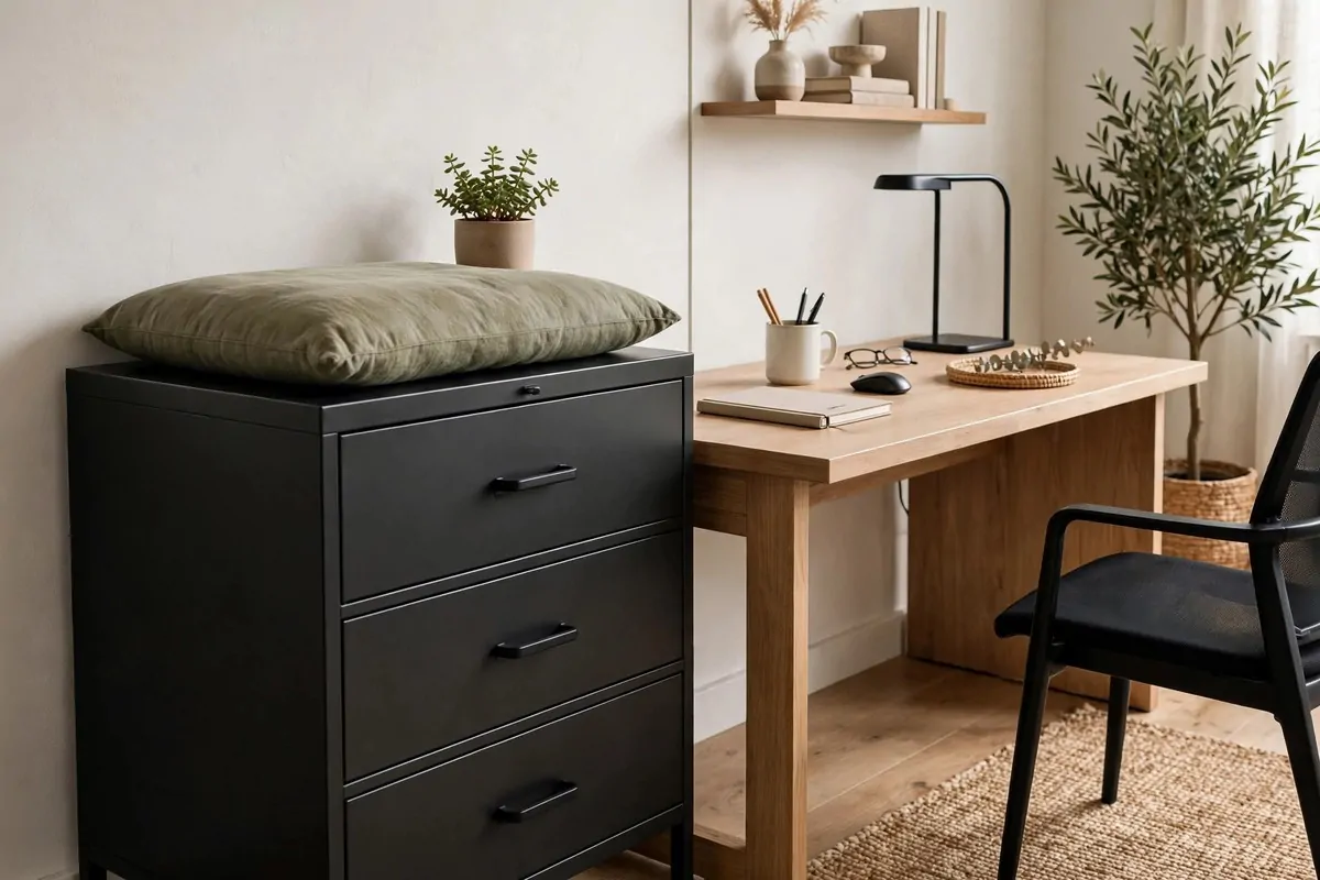 30 Office Ideas That Look Expensive but Cost Almost Nothing 12 Stylish home office with a painted file cabinet topped with a cushion and plant, no people