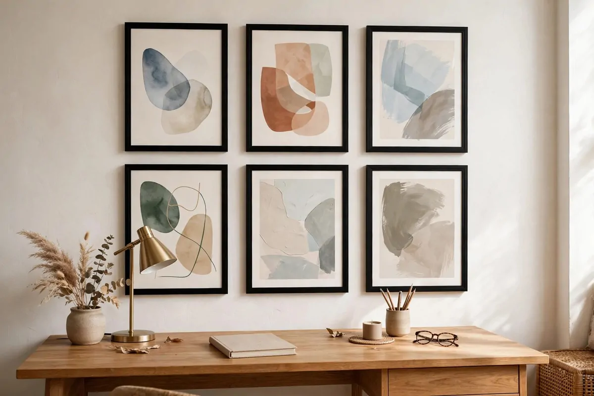 30 Office Ideas That Look Expensive but Cost Almost Nothing 13 Home office wall with framed abstract art prints in matching frames, no people