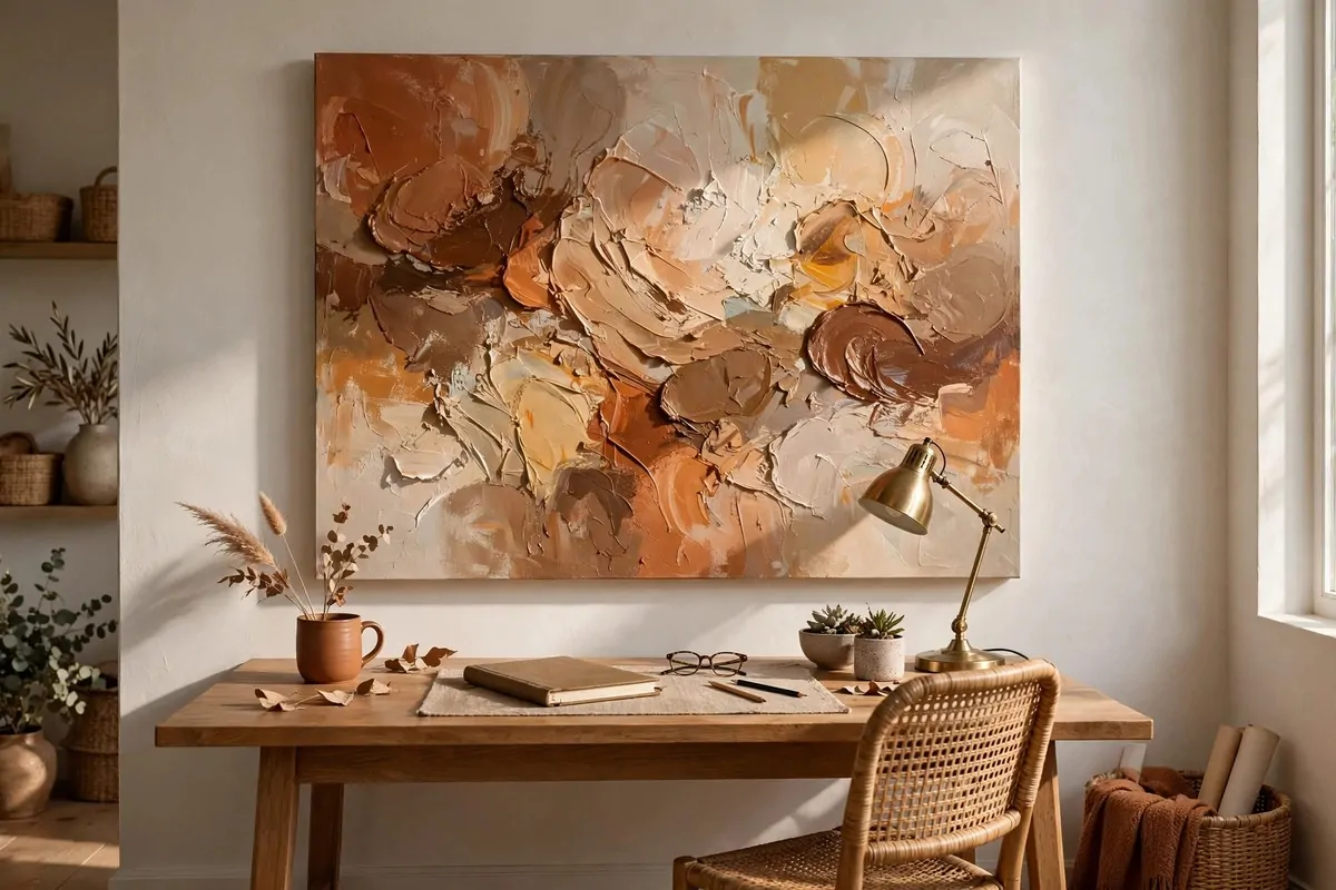 30 Office Ideas That Look Expensive but Cost Almost Nothing 14 Home office with a large DIY abstract painting on the wall, no people