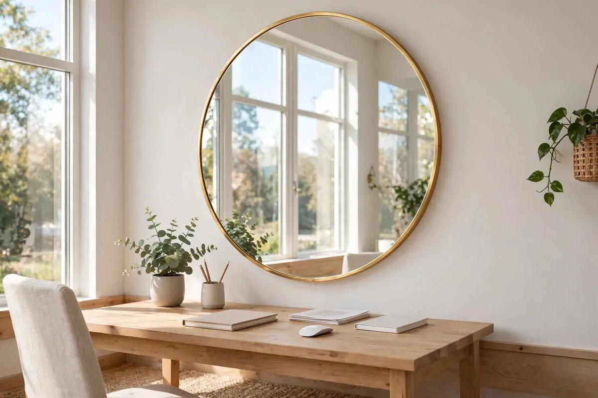 30 Office Ideas That Look Expensive but Cost Almost Nothing 15 Bright home office with a large mirror reflecting window light, no people