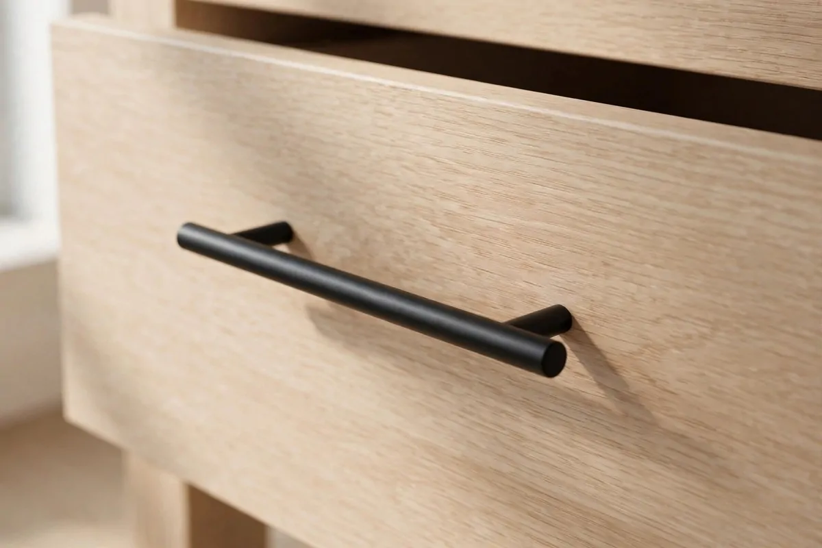 30 Office Ideas That Look Expensive but Cost Almost Nothing 16 Close-up of office drawer with new matte black handles, no people