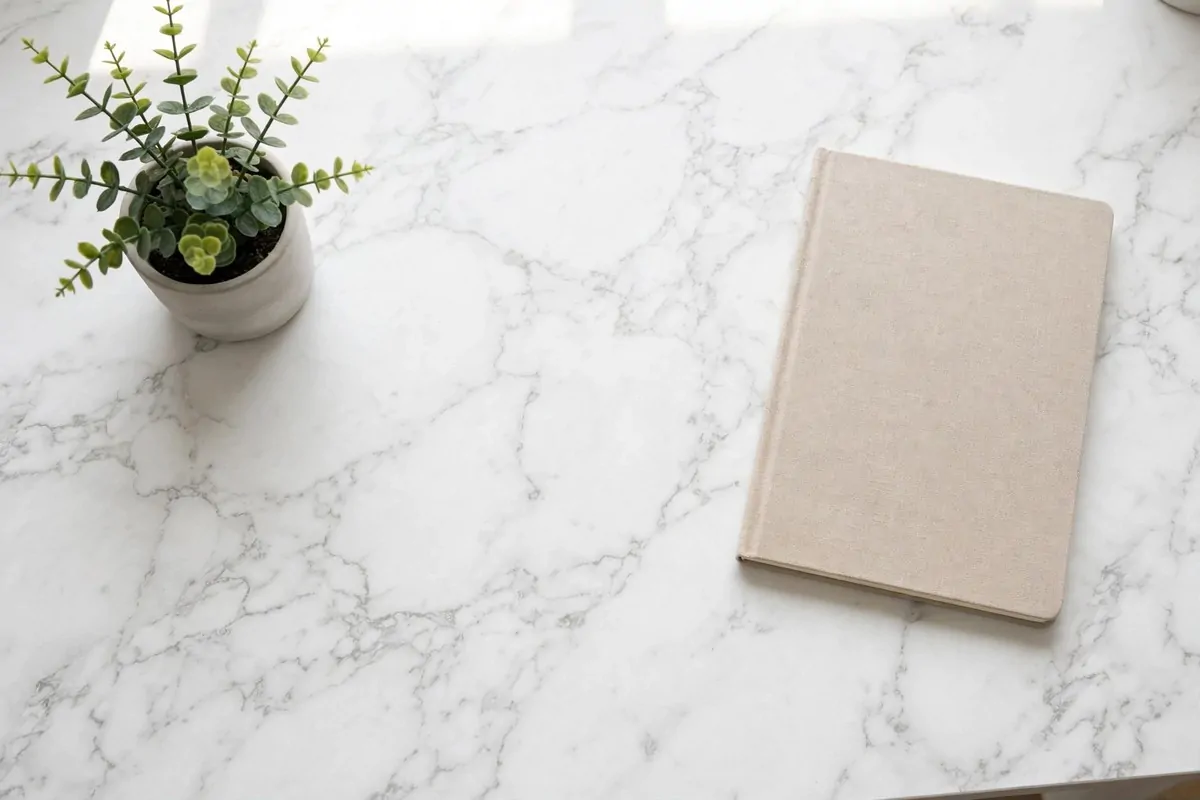 30 Office Ideas That Look Expensive but Cost Almost Nothing 17 Home office desk top covered in white marble contact paper, no people