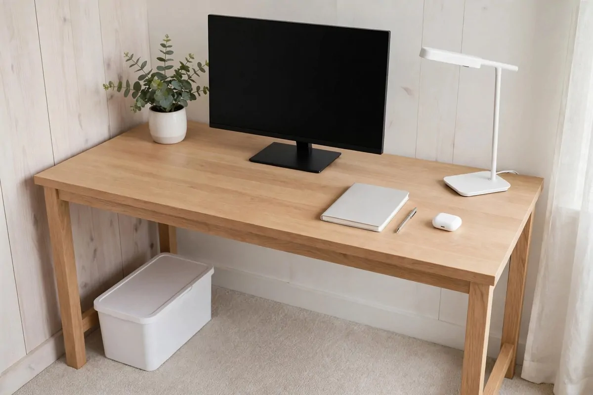 30 Office Ideas That Look Expensive but Cost Almost Nothing 18 Tidy home office desk with hidden cables and a cable management box, no people