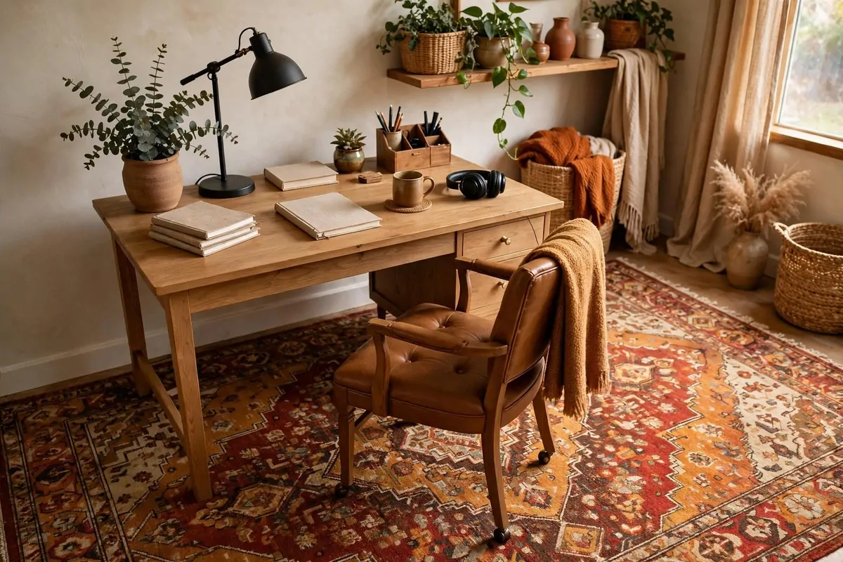 30 Office Ideas That Look Expensive but Cost Almost Nothing 19 Home office desk on a large patterned area rug, no people