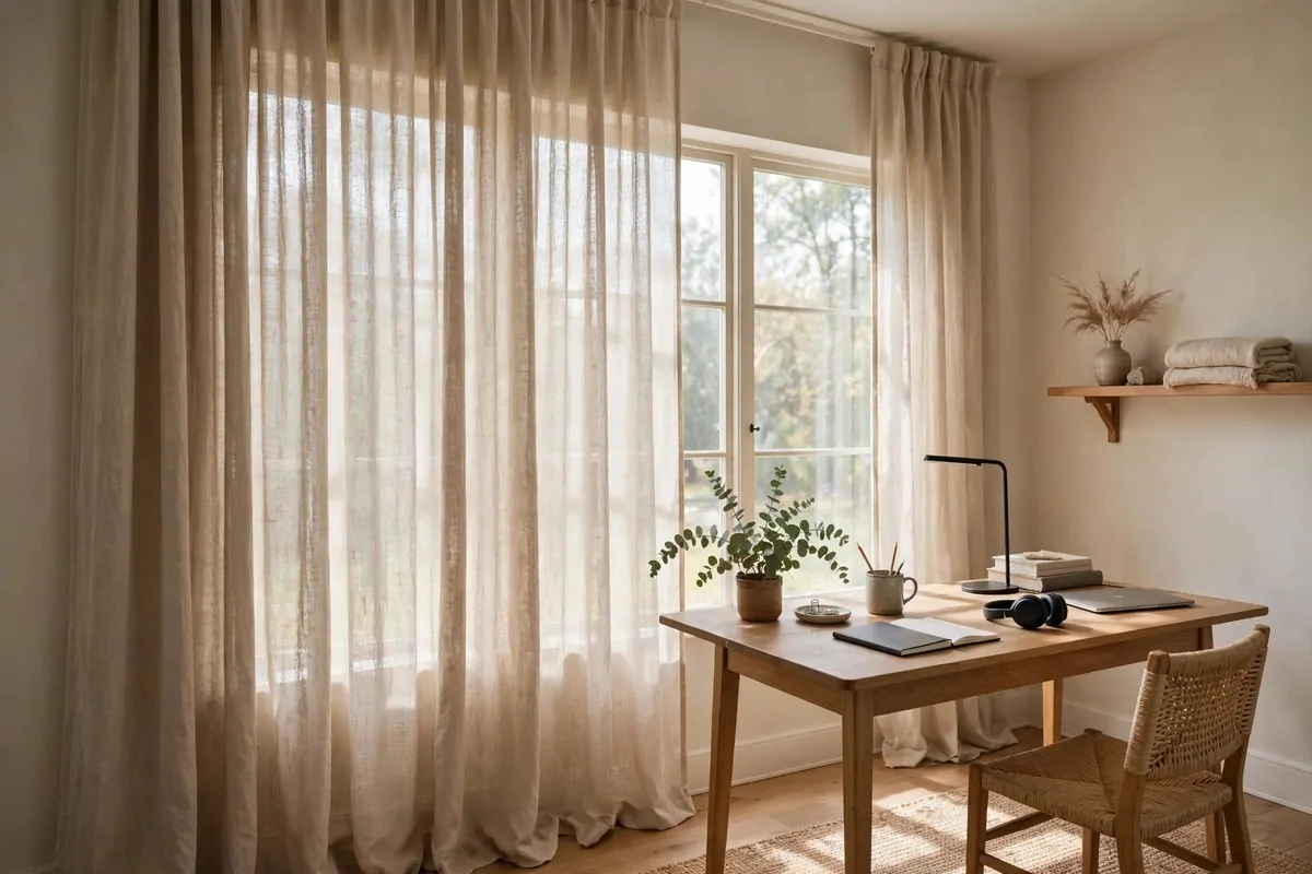 30 Office Ideas That Look Expensive but Cost Almost Nothing 20 Home office with floor-length curtains hung high above a window, no people