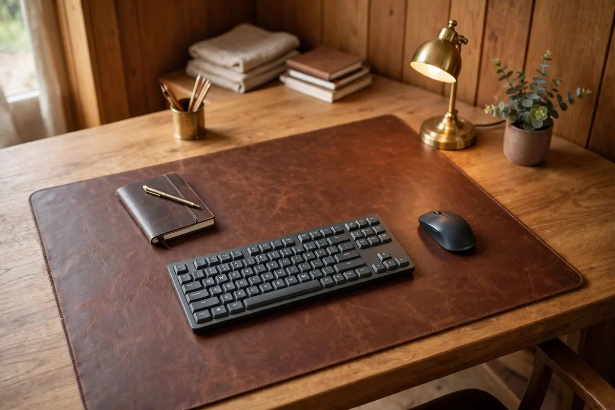 30 Office Ideas That Look Expensive but Cost Almost Nothing 21 Elegant home office desk with a brown leather desk pad, no people