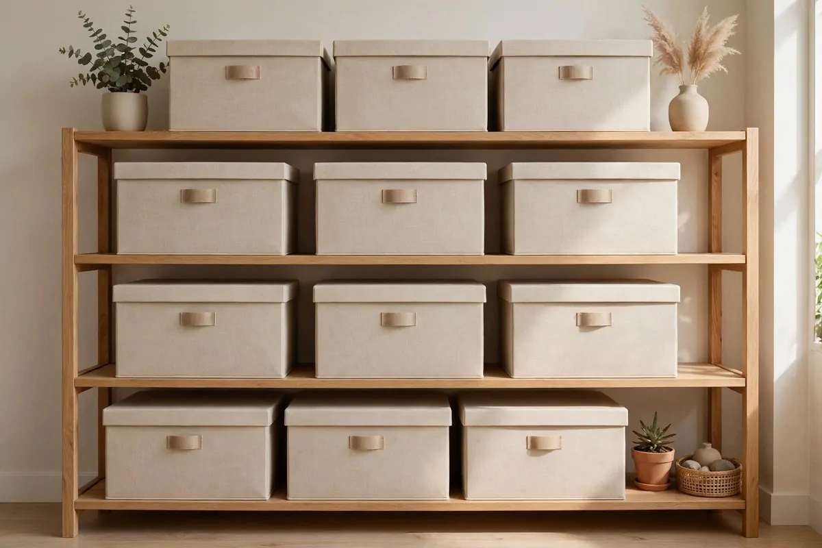 30 Office Ideas That Look Expensive but Cost Almost Nothing 22 Home office shelves with matching beige storage boxes, no people